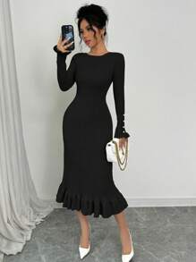 Elenzga Women Pearl Decor Ruffle Hem Ruffle Sleeve Fitted Sweater Dress - Black - View 1