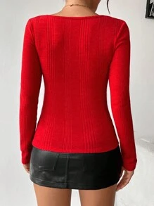 Chiquease Top de t-shirt ajusté à col carré rouge pour les fêtes de Noël et du Nouvel An - Rouge - Voir 2