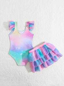 Sparklyn 2pcs Cute Unicorn Cartoon Print Young Girls Swimsuit, Consisting Of Mesh Splicing Ruffle Hem Swimsuit & Tie Dye Ruffle Trim Cover-Up Skirt, Adorable Girls Beach Outfit Summer Holiday - Multicolor - View 2