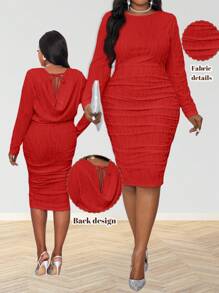 SHEIN Lady Spring And Summer Autumn And Winter Elegant Knitted Off The Shoulder Pencil Midi Drawstring Long Sleeve Plus Size Dresses