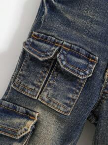 SHEIN Baby Boy Distressed Retro Vintage Washed Multiple Cargo Pocket Jeans,Casual And Versatile For Baby Boy Fall/Winter Outdoor Wear And Daily Wear - Medium Wash - View 4