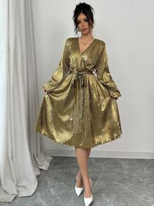 Elenzga Retro Vintage Palast-Stil V-Ausschnitt Krawattendetail Taillen Plissee Abendkleid für Frauen für Silvester Feiertagskleidung