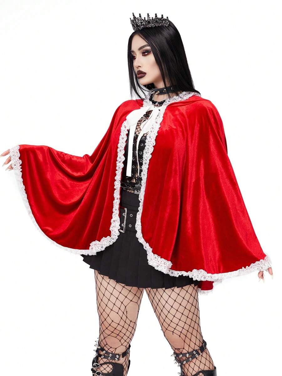 SHEIN Whyspr Red Velvet And White Lace Splice Short Christmas Hat Cape