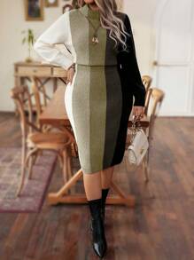 Calvaya Plus Size Autumn/Winter Casual Color Block Striped Bodycon Sweater Dress - Khaki - View 6