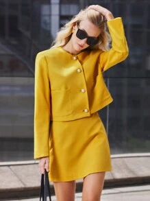 BizChic 女式全年百搭芥末黄圆领口袋珍珠纽扣长袖休闲工作夹克 - 黃色 - 查看 2