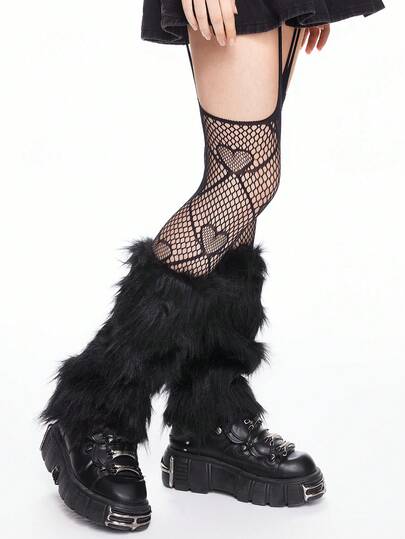 Goth 1set Furry Leg Warmers & Heart Suspender Fishnet Stockings Combo, Sexy Fashion Street Punk Goth Style For Women