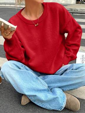 INAWLY Suéter casual feminino cor sólida ombro caído, outono/inverno