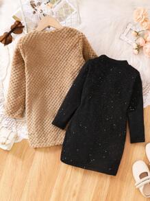SHEIN 2 件套年轻女孩纯色长袖上衣和连衣裙休闲装 - 彩色 - 查看 2