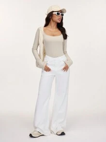 SHEIN BASICS Áo thun nữ tay dài cổ tròn dệt kim màu trơn đơn giản ôm vừa vặn - Màu vàng - Xem 7