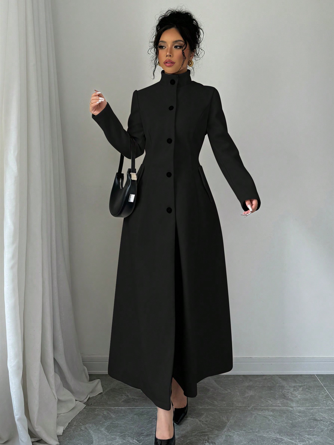 Elenzga معطف طويل أنيق بأكمام طويلة بياقة عالية وأ...