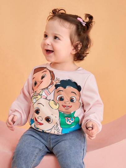CoComelon X SHEIN Baby Girl Cartoon Character Graphic Knit Loose Crew Neck Sweatshirt, Autumn/Winter