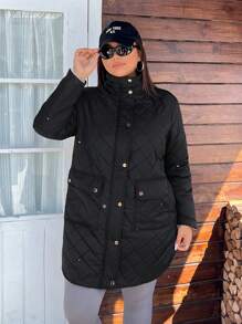 SHEIN EZwear 大码女式黑色侧开衩休闲外套，冬季 - 黑與白 - 查看 3