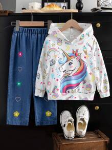 SHEIN 年轻女孩可爱独角兽印花连帽卫衣和花卉刺绣牛仔裤两件套 - 彩色 - 查看 1