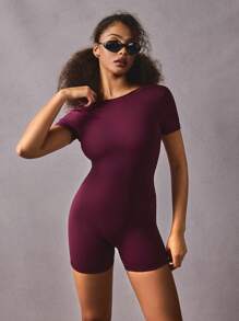 Athîral 1set Solid Burgundy Unitard Color Short Sleeve Fitted Sports Romper - Burgundy - View 3