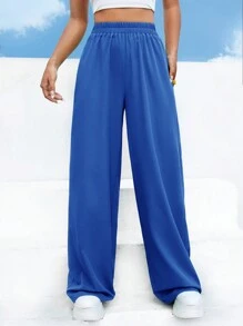 Muchica Pantalones de pierna ancha de talle alto unicolor - azul real - Ver 4