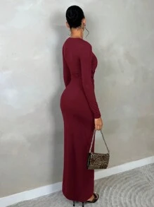 SHEIN BAE Conjunto de ropa de mujer para otoño: Vestido elegante para salir/fiesta - Vestido con corte asimétrico, Blusa de manga larga, Blusa ajustada de manga larga