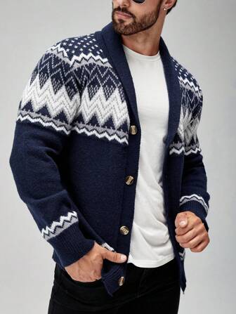 Manfinity Mode Cardigan casual de manga larga con cuello en V y botones adelante con estampado geométrico para hombre, cardigan ancho con gráficos de invierno para salir, cardigan casual de color block azul real como regalo para el esposo o novio