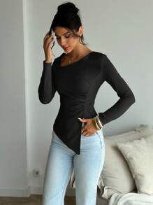 Firerie Classic Solid Color Fitted Long Sleeve Asymmetrical Neck Ruched Waist Tight T-Shirt, Elegant Everyday/Casual Date/Going Out Wear, Autumn/Winter - Black - View 5