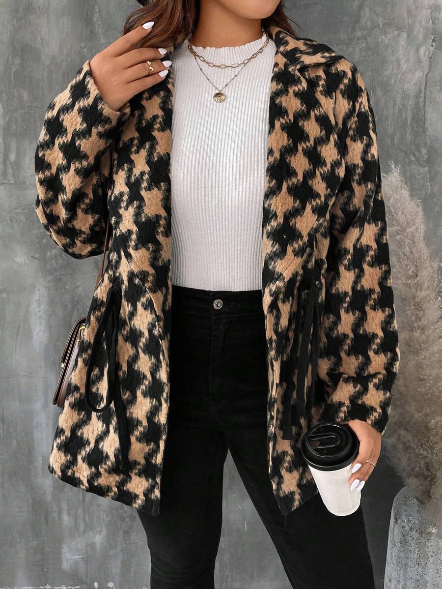 SHEIN VCAY 大码全印花交叉裹腰长袖大衣，优雅 - 彩色 - 查看 1
