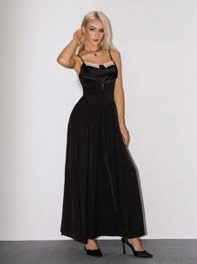 SHEIN ICON Đầm bodycon eo Hipster 2 trong 1 cổ bẻ, hai dây mảnh, siêu dài - màu đen - Xem 6