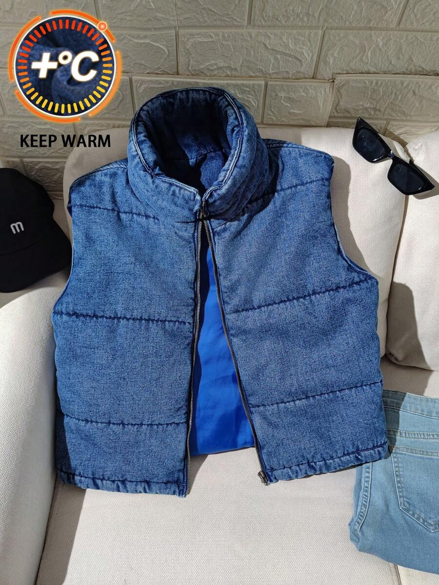 SHEIN Teen Girls Winter Cold Weather Clothes Y2k Stonewashed Zip Up Front Thermal Lined Vest Padded Denim Thick Coat - Medium Wash - View 1