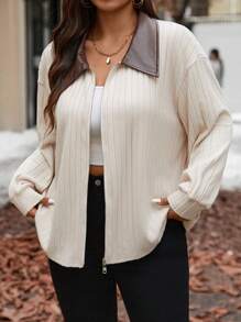 SHEIN Frenchy Plus Size Casual Barnfit PU Patchwork Turndown Collar Zipper Jacket