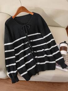 SHEIN Frenchy Plus Size Color Block Striped Tie Front Cardigan, Casual For Autumn & Winter Fall/Winter - Black and White - View 2