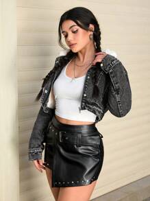 SHEIN EZwear 女士纯色蓬松领子拼布拉链圣诞节女士感恩节女士休闲长袖牛仔夹克 - 黑色 - 查看 8