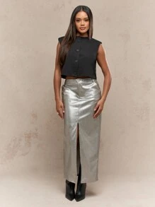 MISSGUIDED Faux Leather Shimmer Front Slit Pencil Midi Skirt - Silver - View 1