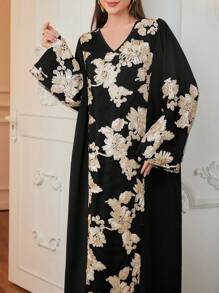 Al Najma 1 pieza Vestido elegante de manga larga estilo tunicJalabiya para mujer, con bordado de encaje elegante y modesto, para uso casual diario