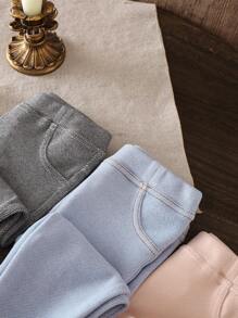 SHEIN LMoss Kids LMoss 3 件套女婴可爱纯色针织松紧腰裤，秋冬 - 彩色 - 查看 3