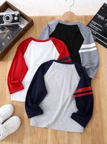 3 件套青少年男童休闲运动拼色针织圆领宽松套头 T 恤套装，适合通勤、上学、日常休闲、旅行和运动，适合春、夏、秋、冬四季 - 彩色 - 查看 2