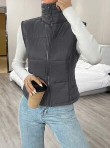 Chiquease 女士纯色前拉链休闲棉质背心，冬季服装