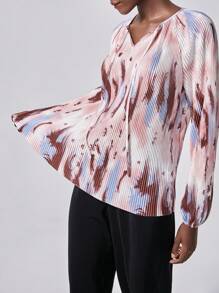 Chiquease 水墨印花套头衫，百褶宽松时尚女式衬衫，户外百褶印花衬衫 - 粉色 - 查看 3