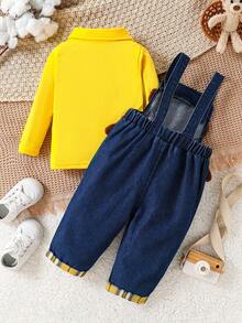 男婴 2 件套服装 - 牛仔衬衫上衣和工装裤，带 3D 刺绣，秋冬 - 黃色 - 查看 2