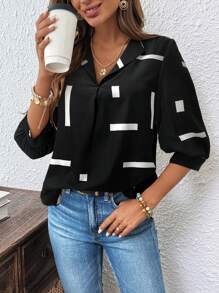 SHEIN LUNE Christmas Women Clothes Women's Casual Office Blouse, Teacher Work Uniform, Party Wear, Sequin Print Black Shirt New Years Outfit - Multicolor - View 6