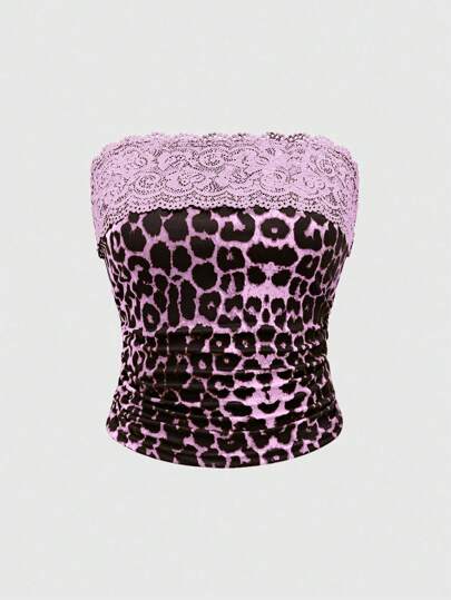Grunge Punk Vintage Subculture Leopard Lace Patchwork Cropped Tank Top For Women