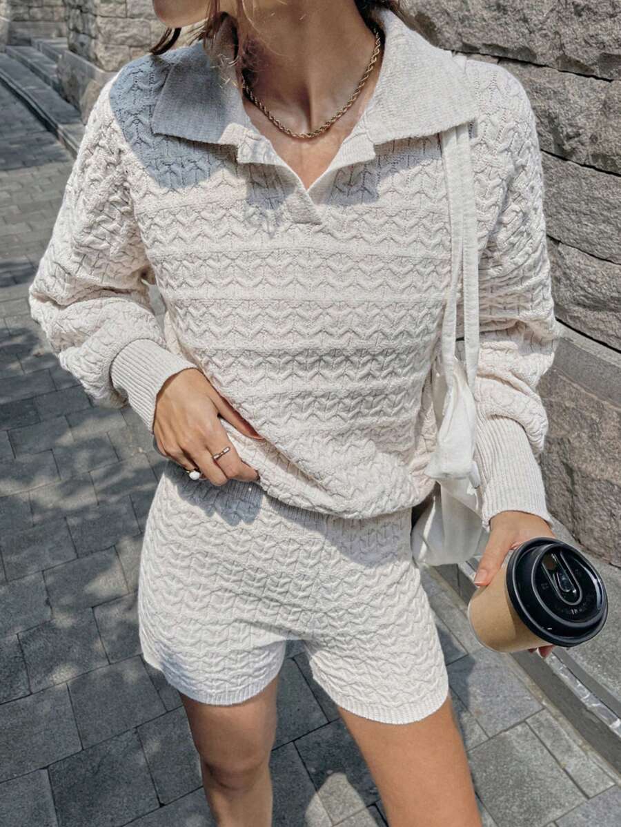 Chiquease Women Patterned Sweater + Shorts Casual Outfit Fall Cloth For Women - Beige - View 1