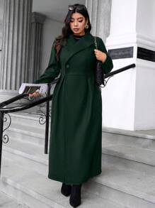 Calvaya Áo khoác dài tay thanh lịch hai hàng khuy màu trơn cỡ lớn, phù hợp cho mùa thu/đông - Màu xanh lá cây đậm - Xem 1