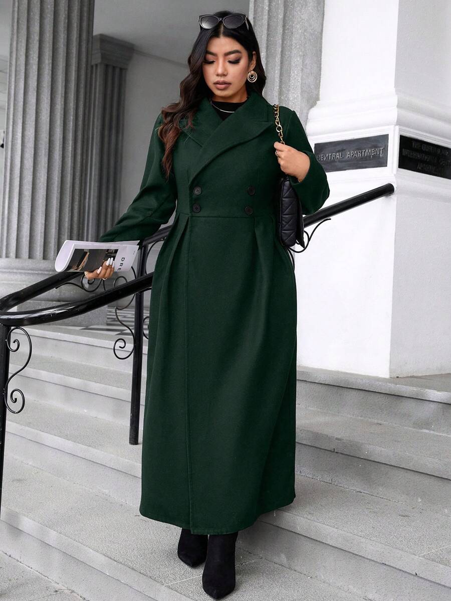 Calvaya Áo khoác dài tay thanh lịch hai hàng khuy màu trơn cỡ lớn, phù hợp cho mùa thu/đông - Màu xanh lá cây đậm - Xem 1