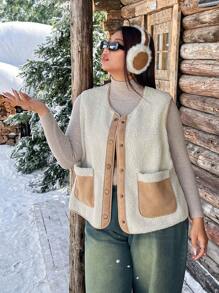 SHEIN EZwear Plus Size Colorblock Furry Lapel Buttoned Front Pockets Sleeveless Jacket, Autumn/Winter Fall - Multicolor - View 4