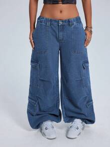 SHEIN ICON 女士休闲宽松街头风格阔腿工装牛仔裤低腰直筒牛仔裤