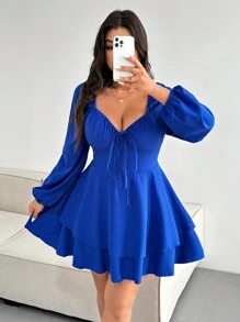 Celure Vestido elegante de talla grande de unicolor con lazo delantero y dobladillo de doble capa