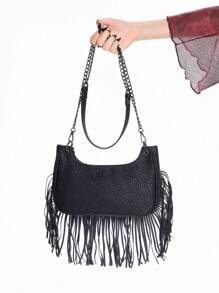 ROMWE Goth Women's Retro Punk Style Tassel Shoulder Bag High-End Fashion Street Casual Commuter Chain Underarm Bag - Black - View 5