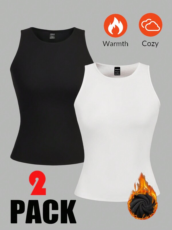 SHEIN EZwear 2pcs/Set Casual Simple Black & White Padded Thicker Plus Size Tank Top, Autumn/Winter