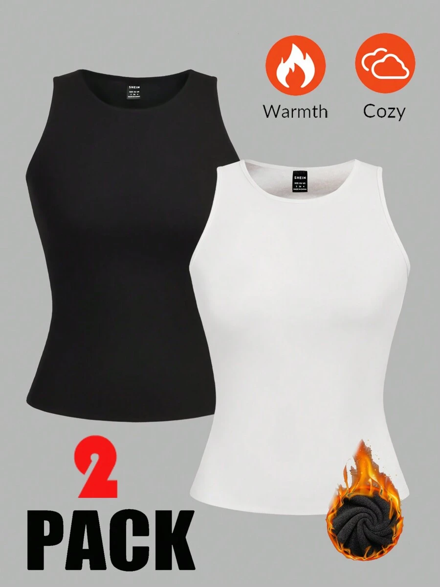 SHEIN EZwear 2 chiếc/bộ áo ba lỗ đệm dày màu đen và trắng đơn giản giản dị cỡ lớn, mùa thu/đông - Đen và trắng - Xem 1