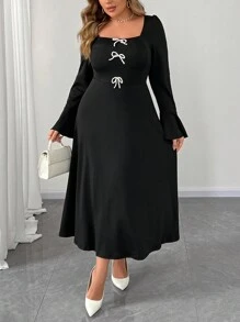 Flirla Đầm Maxi Tay Loe Cổ Vuông Thanh Lịch Ngọt Ngào Cho Nữ Cỡ Lớn Có Nơ Ngọc Trai Trang Phục Nữ - màu đen - Xem 1