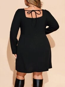 SHEIN CURVE+ Curve Plus Size Pink Bow Front Puff Sleeve Curved Hem Black Dress, Autumn Valentine's Day Christmas Party