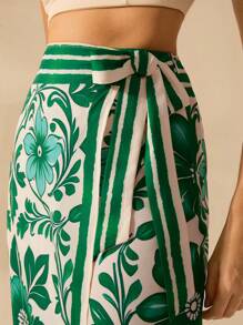 CAJUNI Váy quấn ren họa tiết xanh trắng in hình bãi biển mùa hè phong cách Boho dành cho nữ mùa hè - màu xanh lá - Xem 7