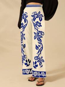 CAJUNI Women Vacation Boho Tropical Flowery Pattern Print Black And White Casual Summer Long Pants